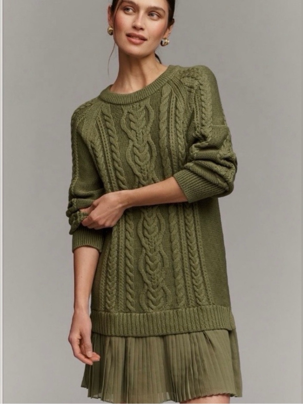 Anthropologie Olive Green Cable Knit Sweater with Chiffon Hem